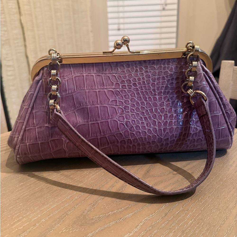 Liz Claiborne Purple Croc-Embossed Frame Wristlet with Gold Hardware